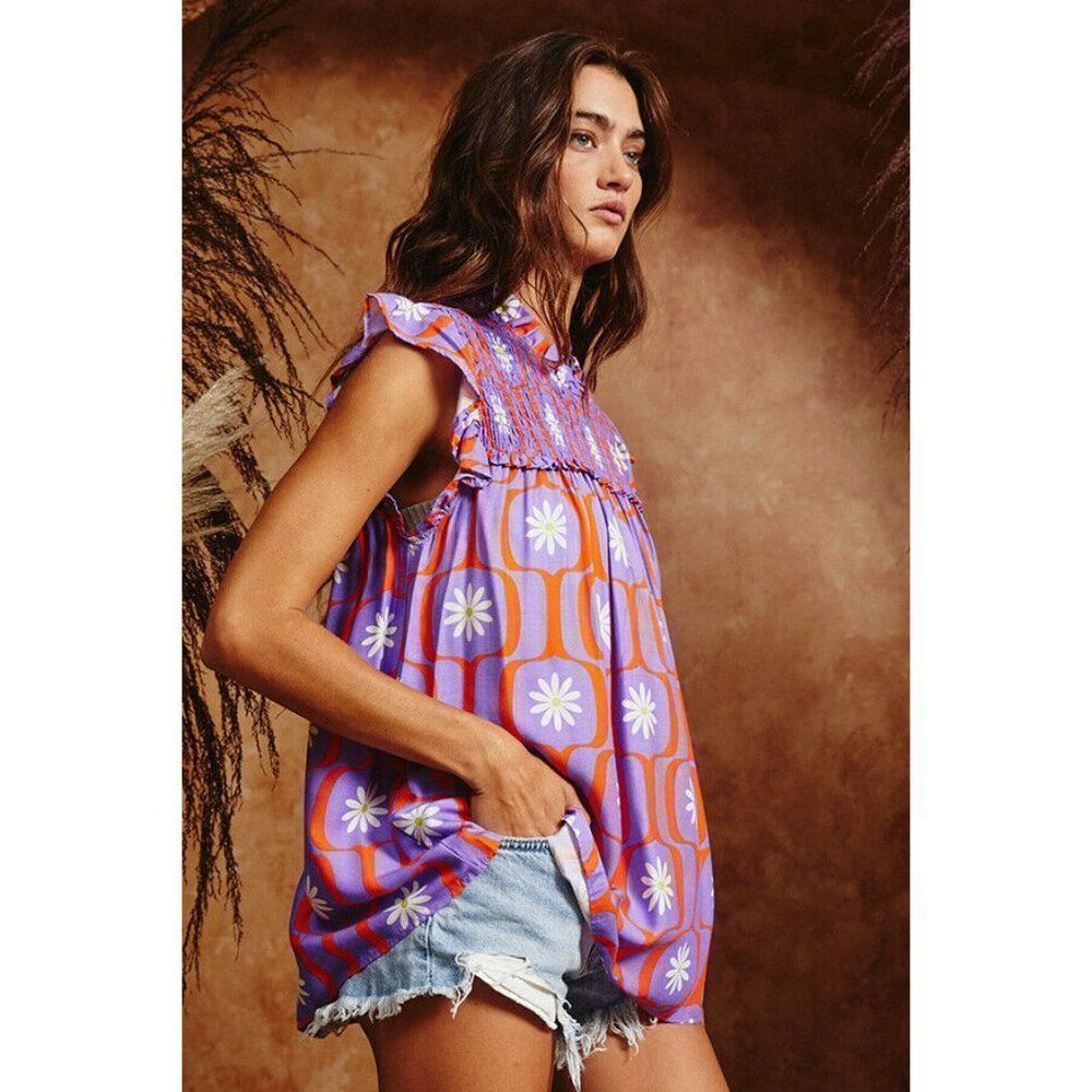 SALE! Bucketlist Retro Floral Geometric Print Top Smocked Detail S-L New T1421-1 - Picture 8 of 12